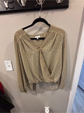 Max Studio Olive and Tan Printed Wrap-Front Blouse